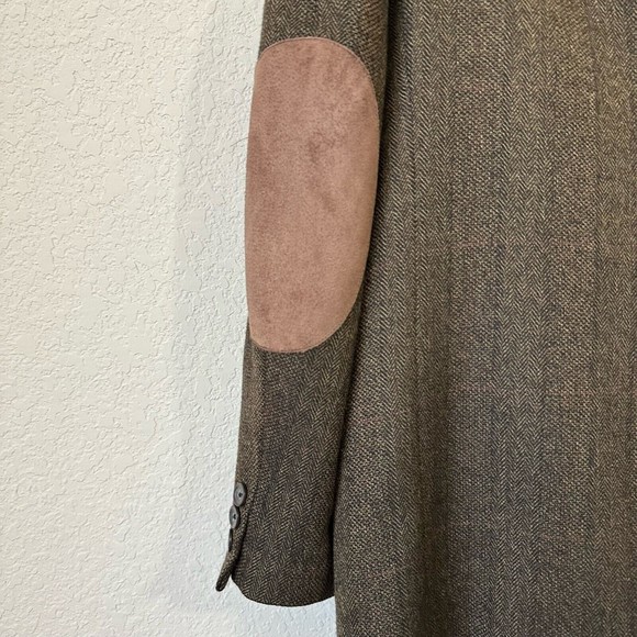 OSCAR DE LA RENTA Mens Brown Chevron Lambswool Sport Coat Elbow Patch - Picture 7 of 12